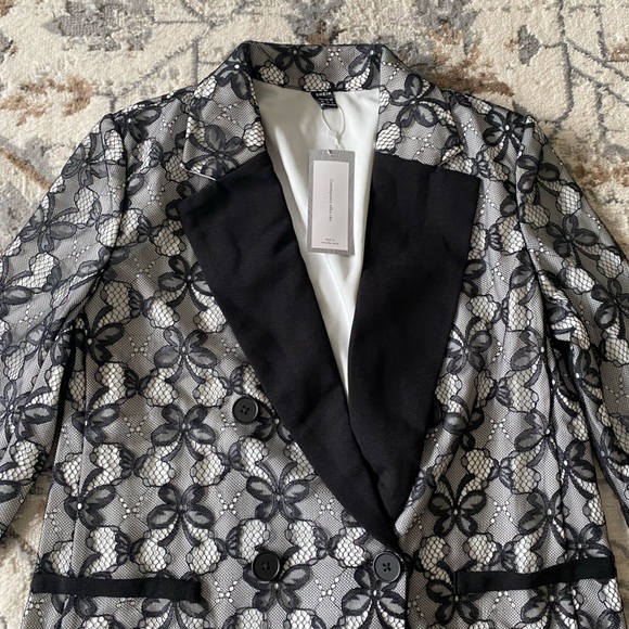 NWT New Contrast Collar Lace Blazer Dress Black White Long Sleeve Butterfly - Picture 10 of 16